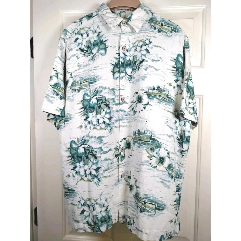 Caribbean Men’s Silk Blend Aloha Shirt Large White Teal Tropical Floral Nautical